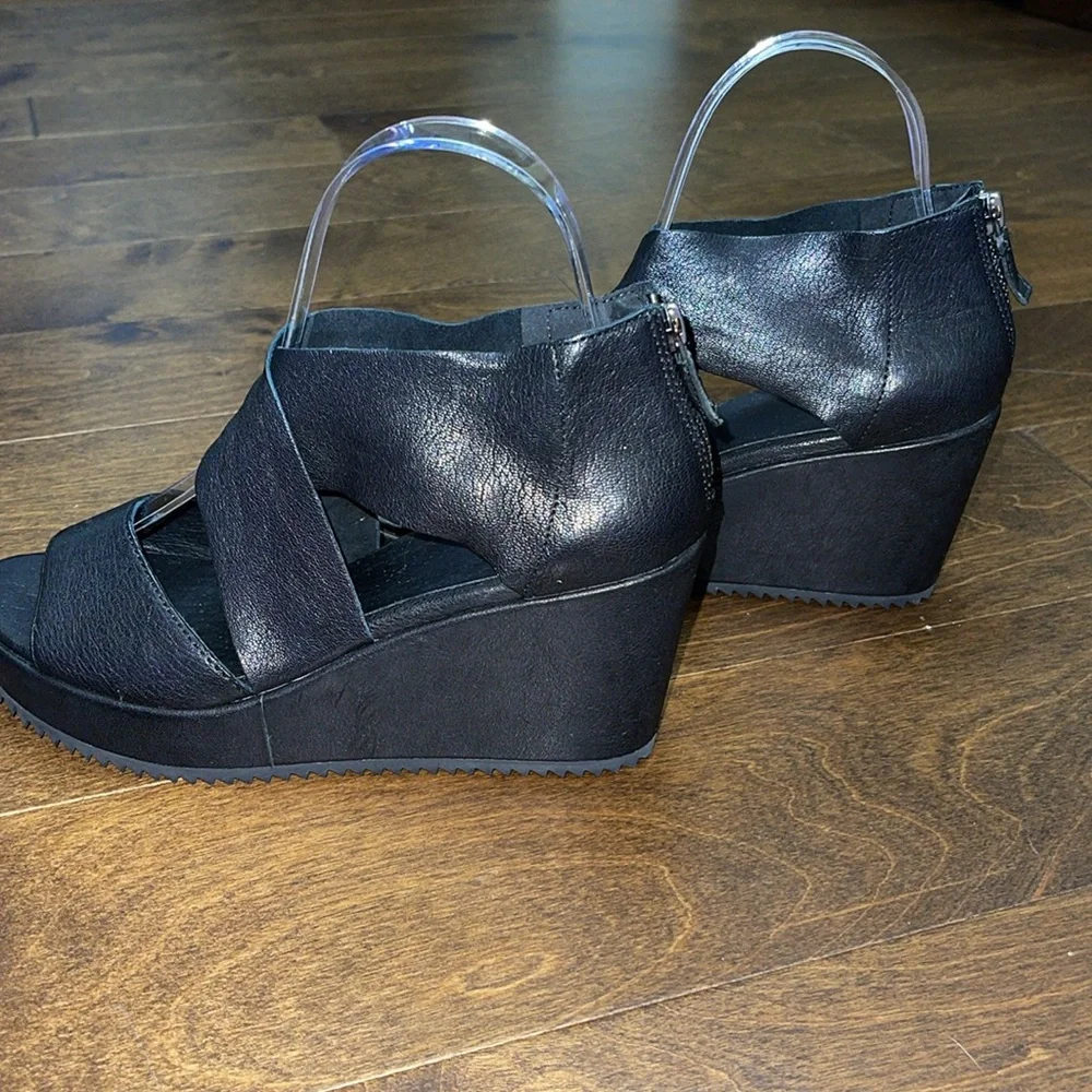 Eileen Fisher Black Leather Crisscross Wedge Sandals